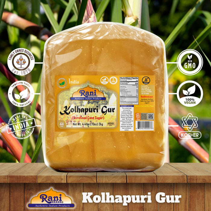 Rani Kolhapuri Gur (Jaggery) 2kg (4.4lbs) ~ Unrefined Cane Sugar, No Color added, Gluten Friendly | Vegan | NON-GMO | Kosher | No Salt or fillers