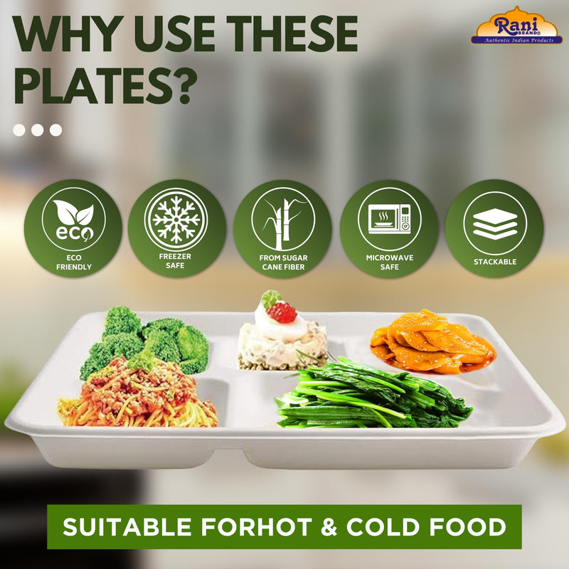 Rani 5 Deep Compartment Square Biodegradable Divided Plates, Pack of 250 ~ Party, Thali, Buffet | Disposable & Eco-Friendly | Heavy-Duty Sturdy Paper Bagasse | Premium Quality | 10.46" x 8.31" x 1.12"