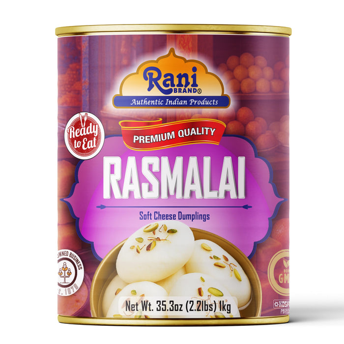 Rani Rasmalai (Soft Cheese Dumplings) 35.3oz (2.2lbs) 1kg, Pack of 2, Approximately 14 pieces, Easy Open Lid ~ Ready to eat | Gluten Friendly | Vegan | Non-GMO | Kosher | Indian Origin