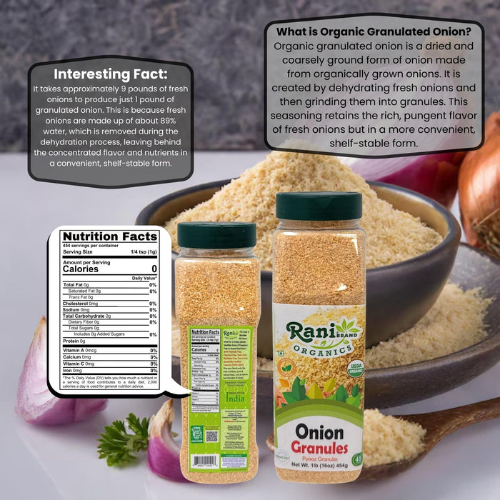 Rani Organic Granulated Onion (Pyaaz Granules) 16oz (1lb) 454g PET Jar ~ All Natural | Gluten Friendly | Vegan | NON-GMO | Kosher | No Salt or fillers | Indian Origin | USDA Certified Organic