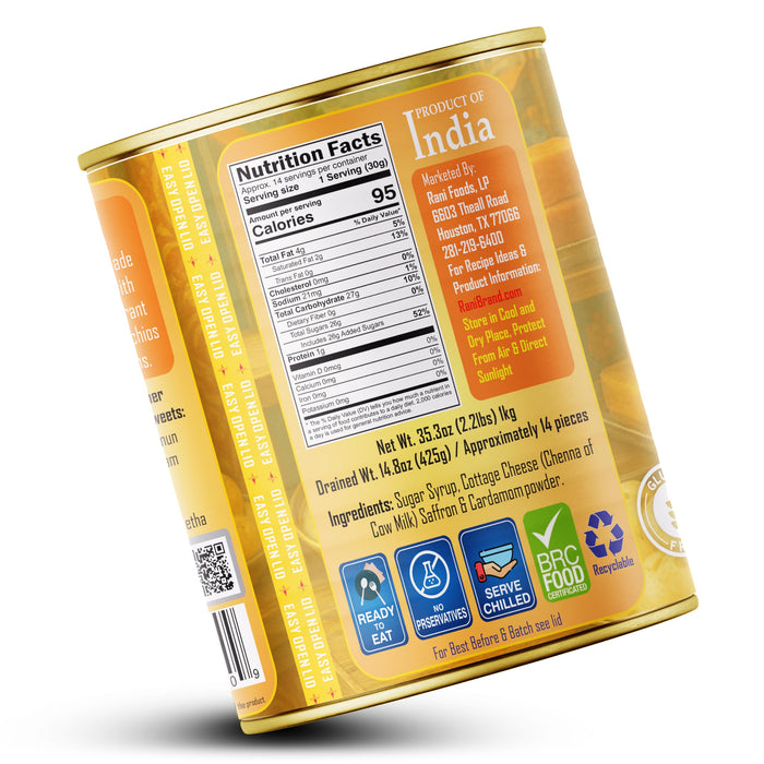 Rani Rajbhog (Soft Cottage Cheese Dumplings) 35.3oz (2.2lbs) 1kg, Approximately 14 pieces, Easy Open Lid ~ Ready to eat | All Natural | Gluten Free | Non-GMO | Kosher | Indian Origin