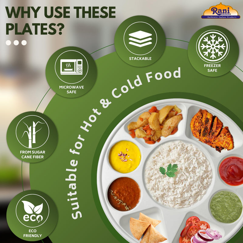 Rani Round Biodegradable Divided Plates, Pack of 100, 9 Compartments ~ Disposable & Eco-Friendly | 12.44" Diameter, 1.38" Thickness | Heavy-Duty and Sturdy Disposable Bagasse Plates | Premium Quality