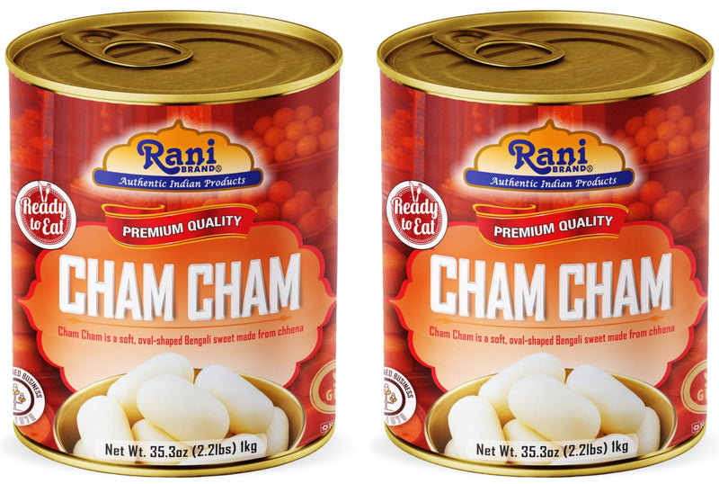 Rani Cham Cham (Oval-shaped Bengali Sweet) 35.3oz (2.2lbs) 1kg, Pack of 2, Approximately 14 pieces, Easy Open Lid ~ Ready to eat | Gluten Free | Non-GMO | Kosher | Indian Origin