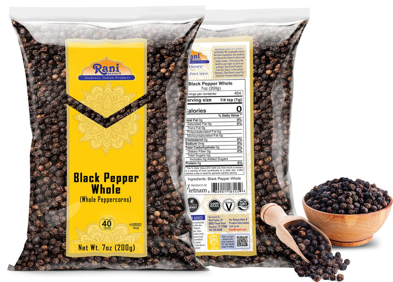 Rani Black Pepper Whole (Peppercorns), Premium Bold Tellicherry Quality 7oz (200g) ~ All Natural | Gluten Friendly | Non-GMO | Kosher | Product of Vietnam | Perfect size for Grinders!