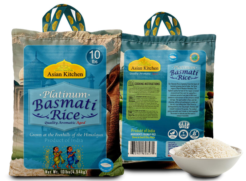 Asian Kitchen Platinum White Basmati Rice Extra Long Aged 10lbs (4.54kg) ~ All Natural | Vegan | Gluten Friendly | Indian Origin