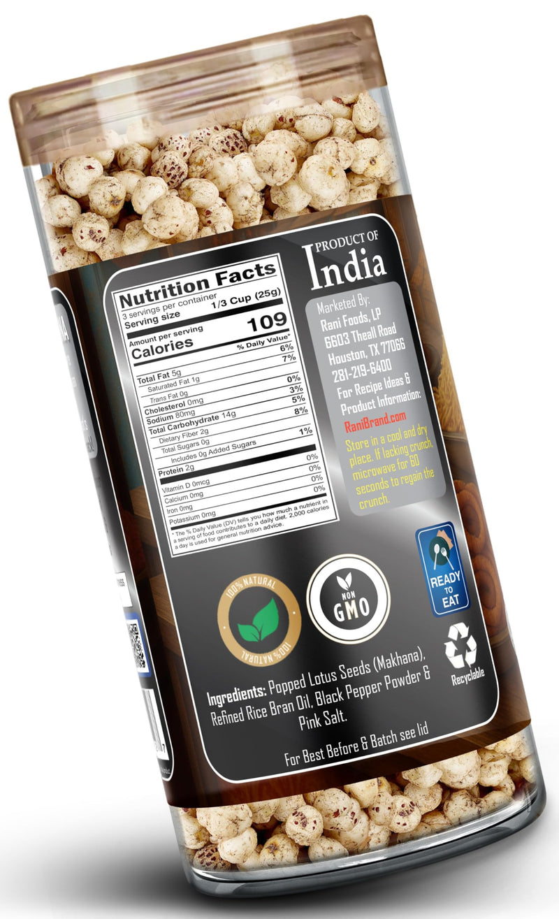 Roasted Makhana, Salt & Pepper Flavor - 2.6oz (75g)  - Rani Brand Authentic Indian Products