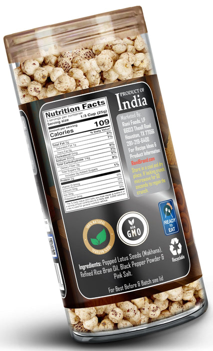 Rani Roasted Makhana (Fox Nut/Popped Lotus Seed) Salt & Pepper Flavor 2.6oz (75g) Ready to eat, Hand Picked Foxnuts ~ All Natural | Vegan | Gluten Friendly | NON-GMO | Kosher | Indian Origin