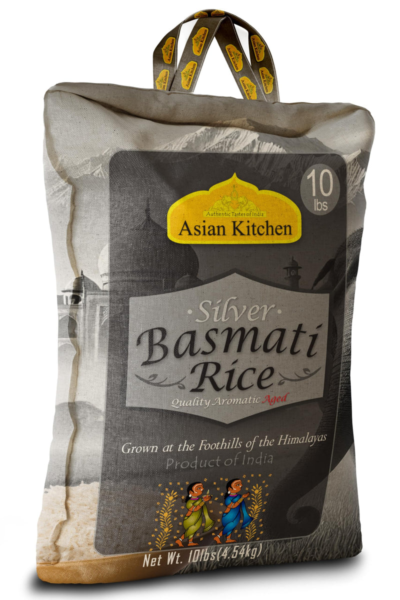 Asian Kitchen Silver White Basmati Rice Aged, 10 Pound (10lbs, 4.54kg) ~ All Natural | Gluten Friendly | Vegan | Indian Origin | Export Quality