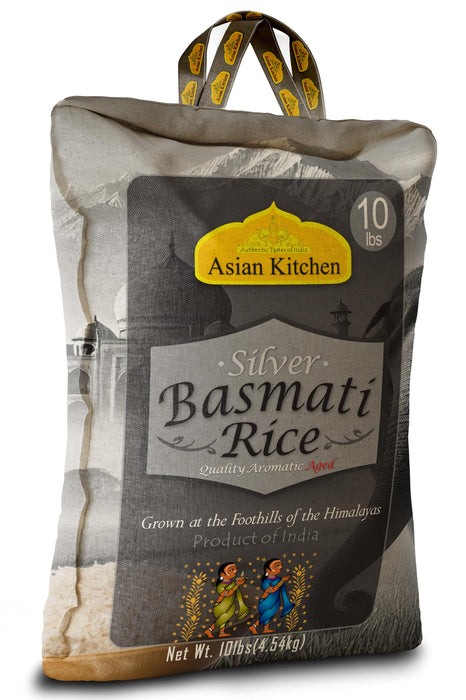 Asian Kitchen Silver White Basmati Rice Aged, 10 Pound (10lbs, 4.54kg) ~ All Natural | Gluten Friendly | Vegan | Indian Origin | Export Quality