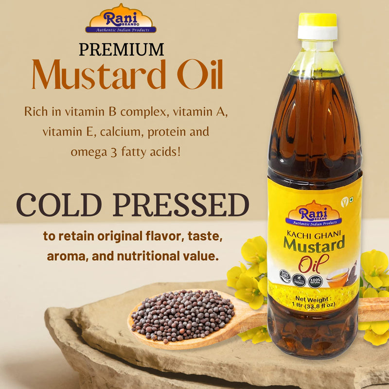 Rani Mustard Oil (Kachi Ghani) 33.8 Ounce (1 Liter) Pack of 2, NON-GMO | Gluten Free | Vegan | 100% Natural