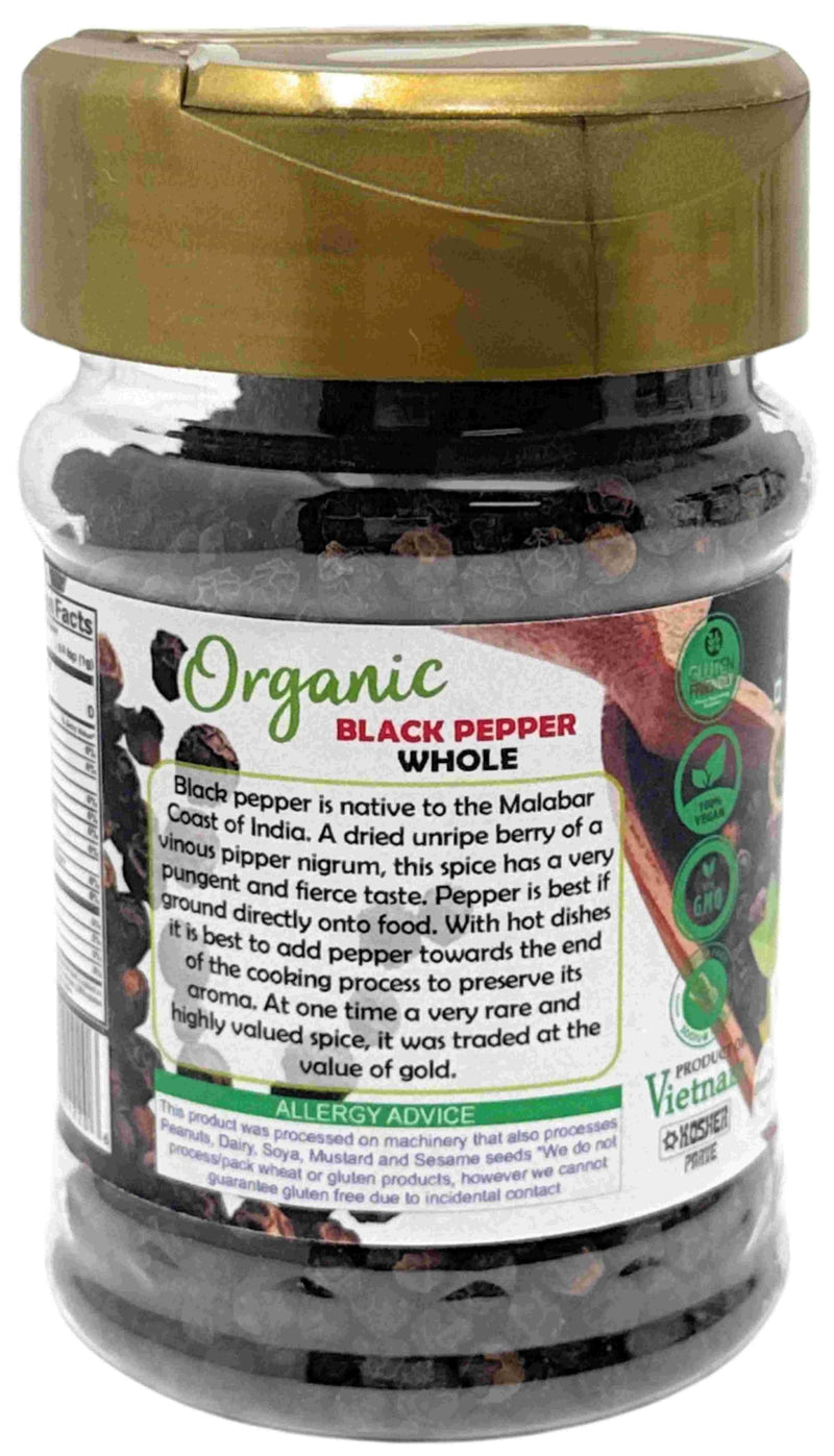 Rani Organic Black Pepper Whole (Peppercorns), Premium Bold Tellicherry Quality 3oz (85g) PET Jar ~ All Natural | Gluten Friendly | Non-GMO | USDA Certified Organic | Kosher | Product of Vietnam