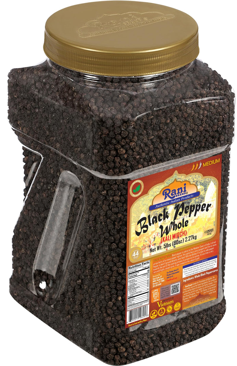 Rani Black Pepper Whole (Peppercorns), Premium Bold Tellicherry Quality 80oz (5lbs) 2.27kg Bulk PET Jar ~ All Natural | Gluten Friendly | Non-GMO | Kosher | Product of Vietnam