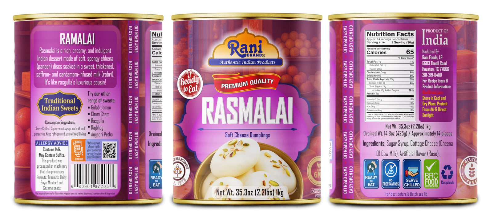 Rani Rasmalai (Soft Cheese Dumplings) 35.3oz (2.2lbs) 1kg, Approximately 14 pieces, Easy Open Lid ~ Ready to eat | Gluten Friendly | Vegan | Non-GMO | Kosher | Indian Origin