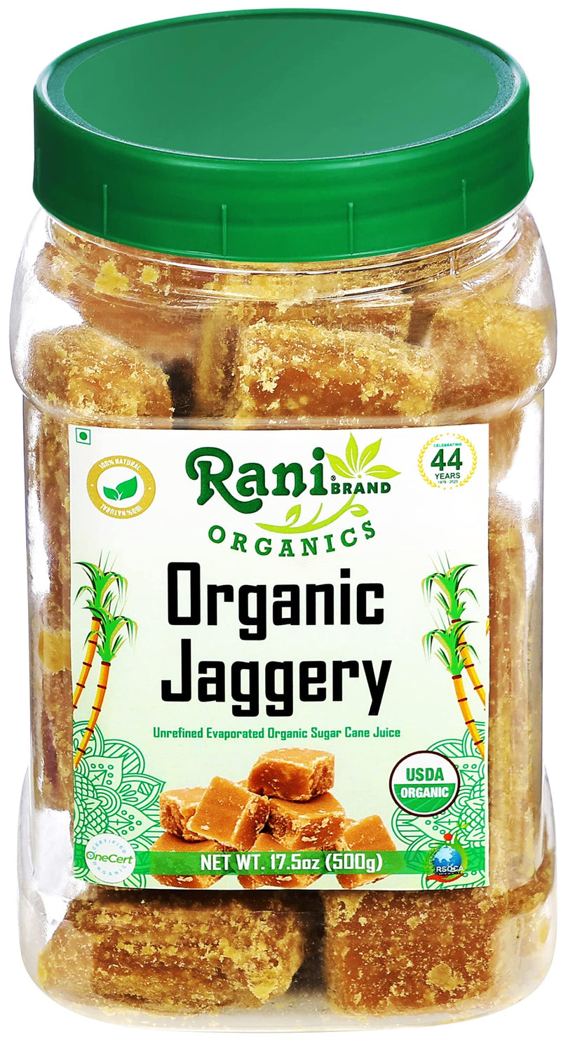Rani Organic Jaggery (Unrefined Evaporated Organic Sugar Cane Juice) 17.5oz (1.1lbs) 500g PET Jar ~ Gluten Friendly | Vegan | NON-GMO | No Salt or fillers | Indian Product | USDA Certified Organic