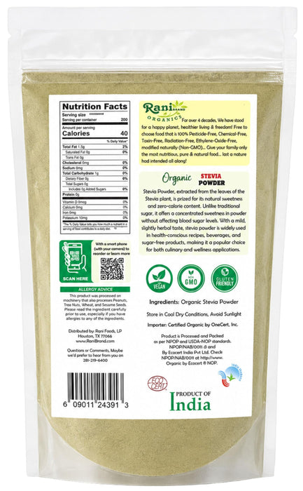 Rani Organic Stevia Powder (Stevia Rebaudiana) 7oz (200g) ~ All Natural | Vegan | Gluten Friendly | Non-GMO | Indian Origin | USDA Certified Organic
