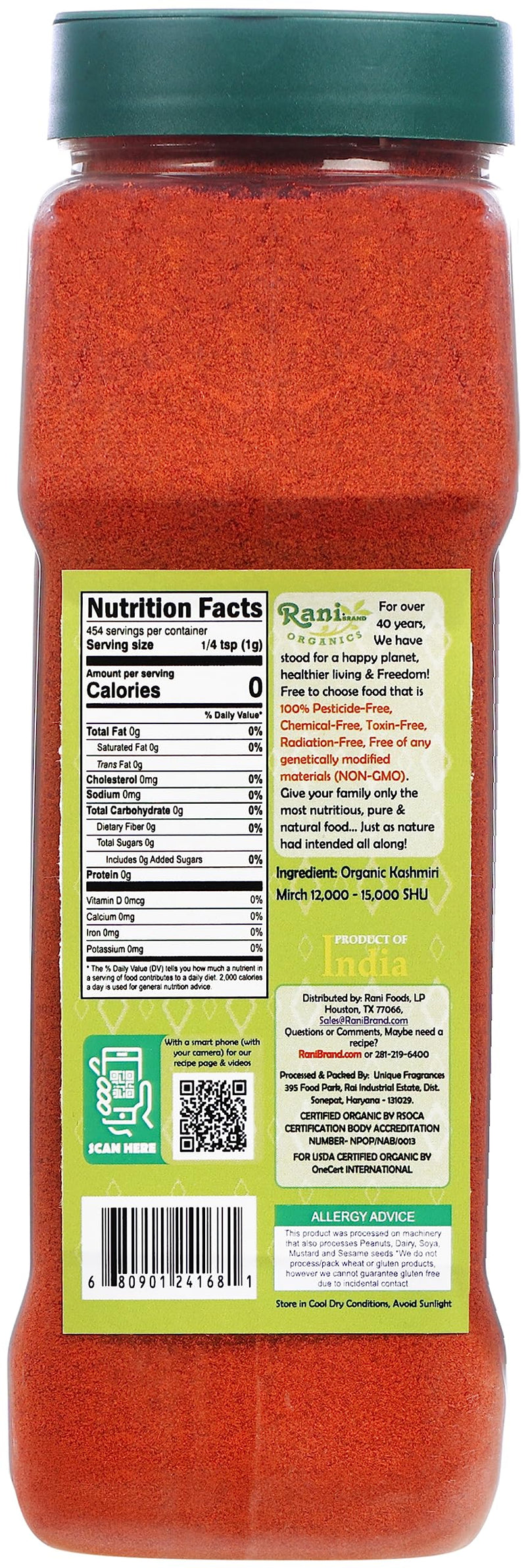 Rani Organic Kashmiri Chilli Powder (Deggi Mirch, Low Heat) 16oz (1lb) 454g PET Jar ~ All Natural | Vegan | Gluten Friendly | NON-GMO | Indian Origin | USDA Certified Organic