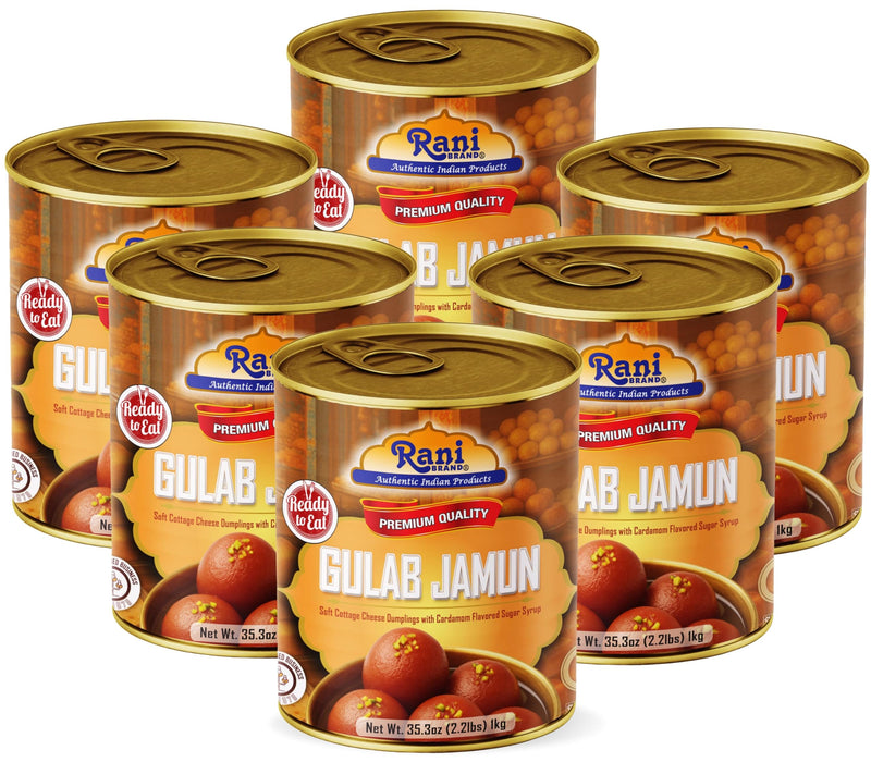 Rani Gulab Jamun Round (w/ Cardamom Flavored Sugar Syrup) 35.3oz (2.2lbs) 1kg, Pack of 6, Approximately 14 pieces, Easy Open Lid ~ Ready to eat | Vegan | Non-GMO | Kosher | Indian Origin
