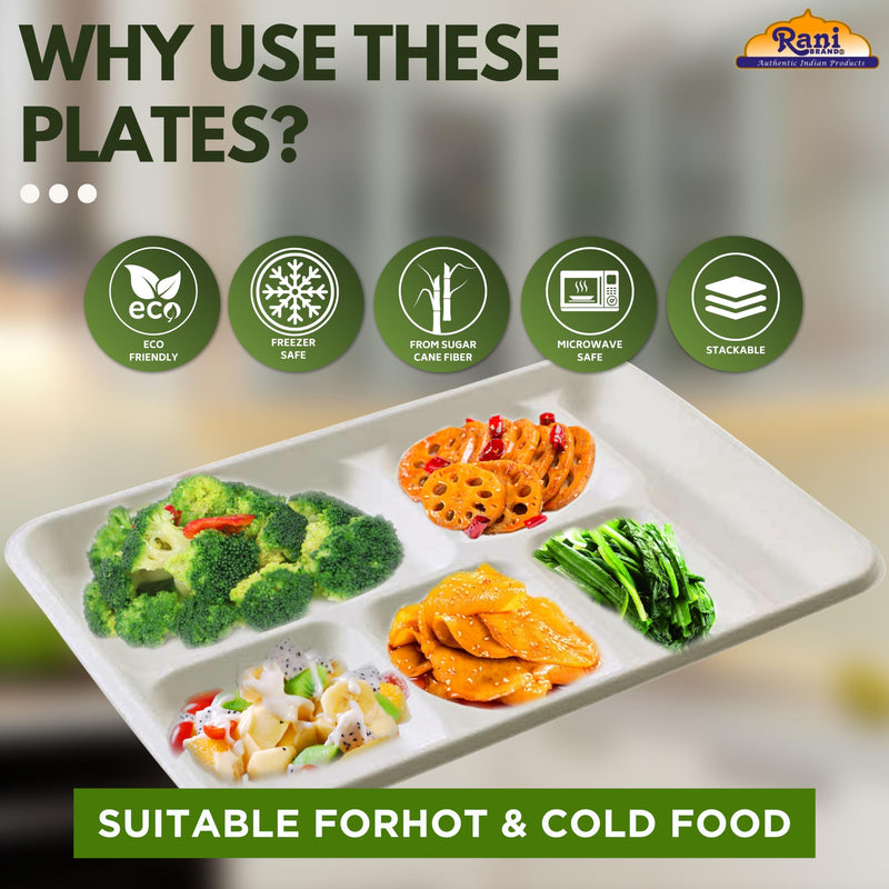 Rani 6 Compartment Square Biodegradable Divided Plates, Pack of 1000 ~ Party, Thali, Buffet | Disposable & Eco-Friendly | Heavy-Duty Sturdy Paper Bagasse | Premium Quality | 12.5" x 8.5" x 1.10"