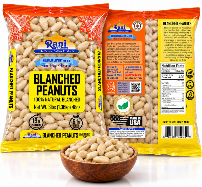 Rani Peanuts Skinless (Blanched, Uncooked) 48oz (3lbs) 1.36kg Bulk ~ All Natural | Vegan | Gluten Friendly | Kosher | Fresh Product of USA ~ Spanish Grade Groundnuts