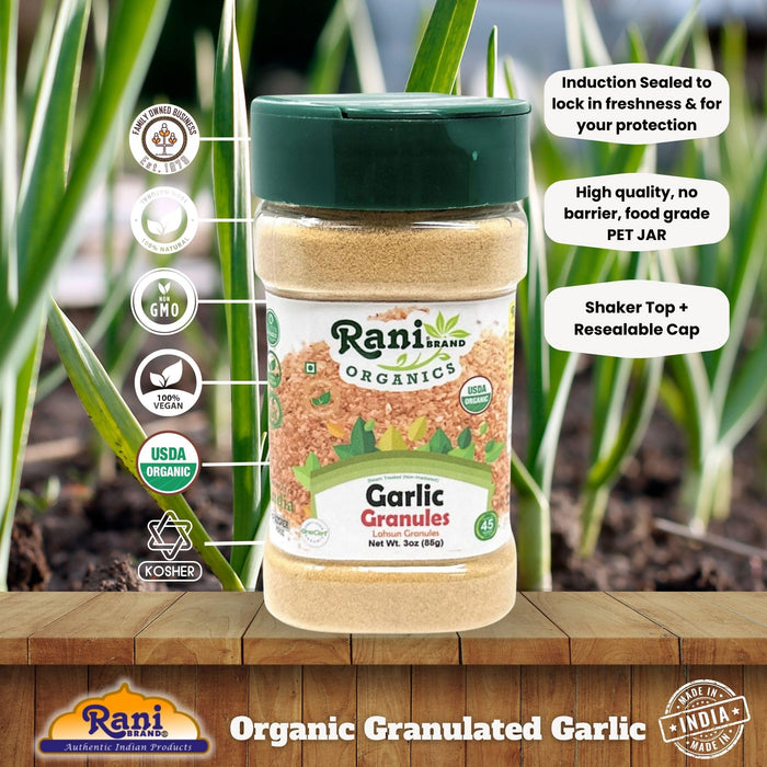 Rani Organic Granulated Garlic (Lahsun Granules) 3oz (85g) PET Jar ~ All Natural | Gluten Friendly | Vegan | NON-GMO | Kosher | No Salt or fillers | Product of USA | USDA Certified Organic