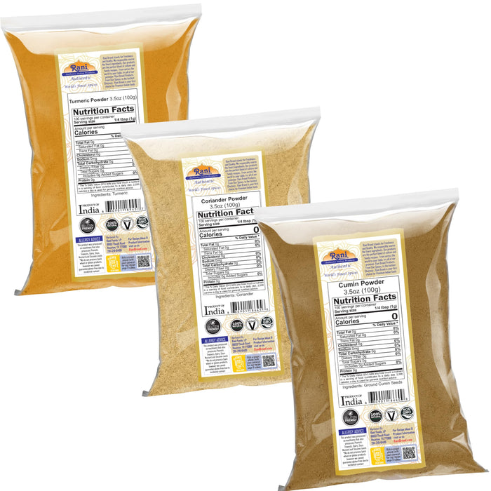 Rani Turmeric Ground, Coriander Powder, Cumin Ground ~ 3.5oz (100g) Combo Pack of 3 ~ All Natural | 100% Pure, Salt Free | Vegan | Gluten Friendly | NON-GMO | Indian Origin