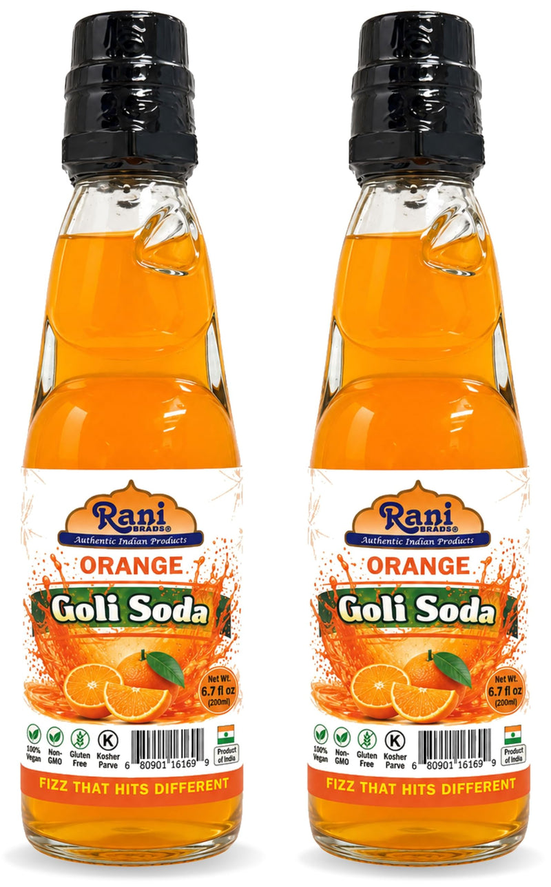 Rani Orange Goli Soda 6.7 fl oz (200 ml) Glass Bottle with Marble Seal, Pack of 2 ~ Vegan | Gluten Free | Non-GMO | Indian Origin