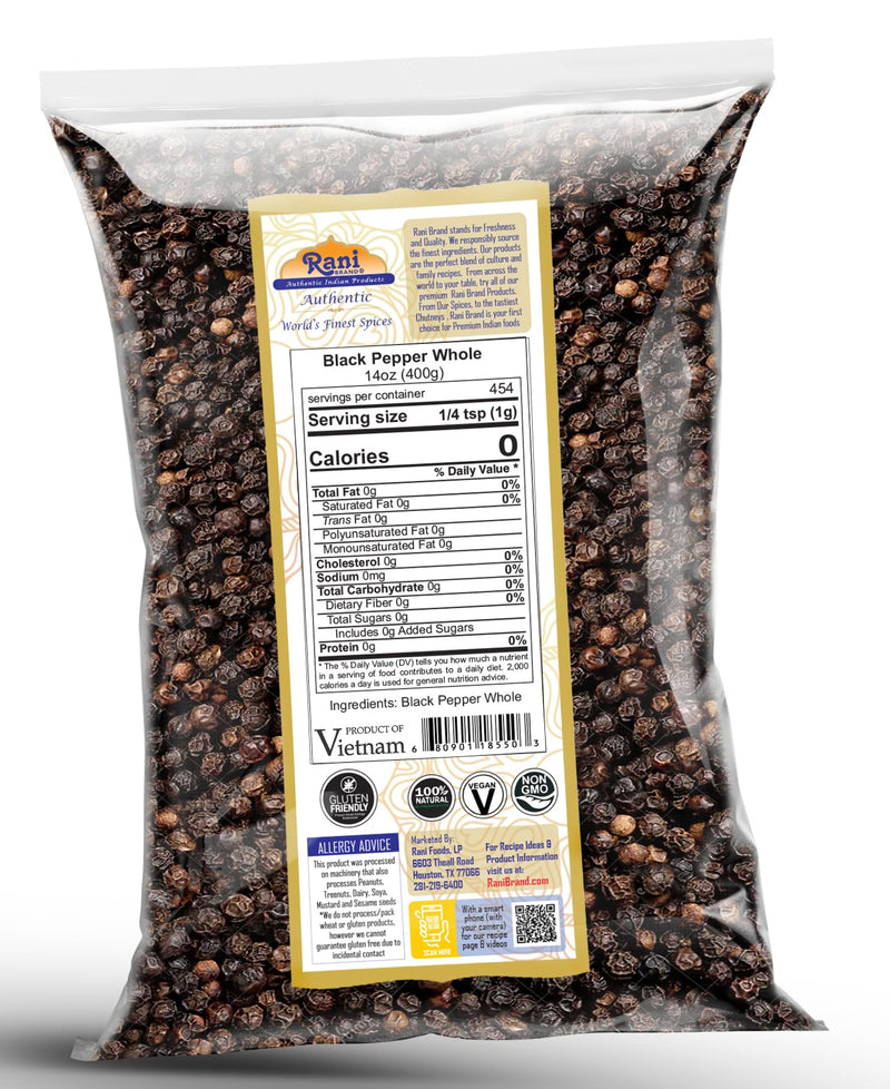 Rani Black Pepper Whole (Peppercorns), Premium Bold Tellicherry Quality 14oz (400g) ~ All Natural | Gluten Friendly | Non-GMO | Kosher | Product of Vietnam | Perfect size for Grinders!