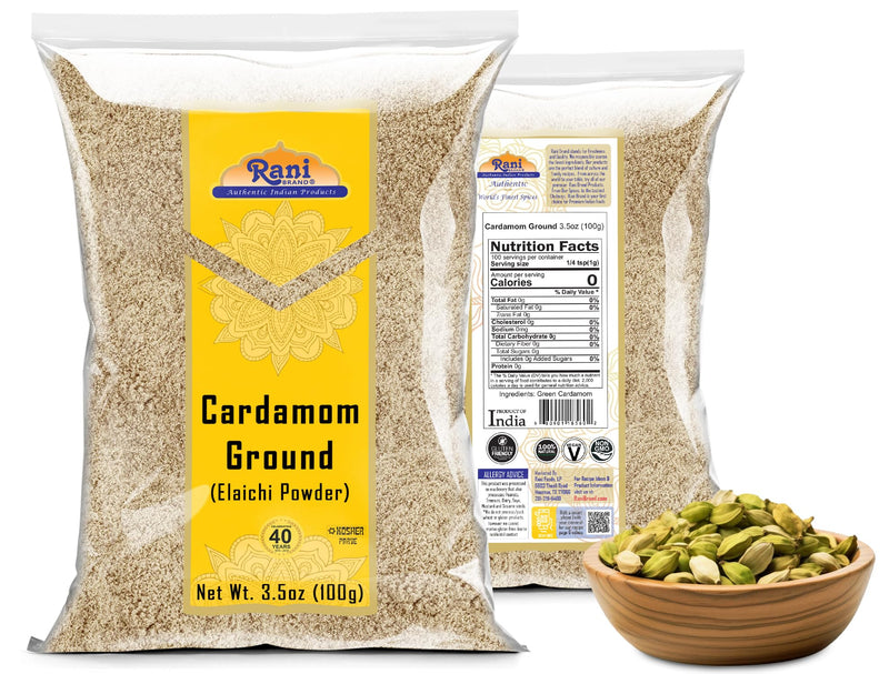 Rani Cardamom (Elachi) Ground, Powder Indian Spice 3.5oz (100g) ~ All Natural | No Color added | Gluten Friendly | Vegan | NON-GMO | Kosher | No Salt or filler