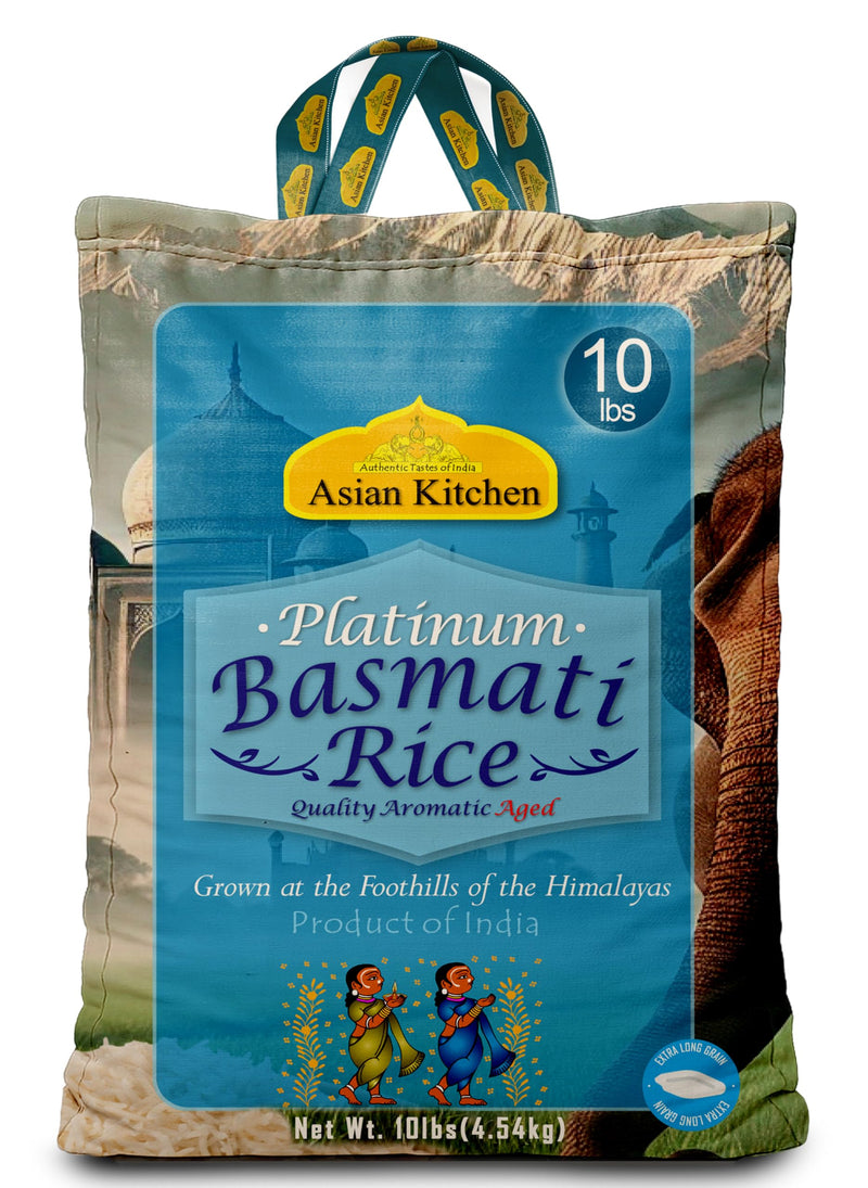 Asian Kitchen Platinum White Basmati Rice Extra Long Aged 10lbs (4.54kg) ~ All Natural | Vegan | Gluten Friendly | Indian Origin
