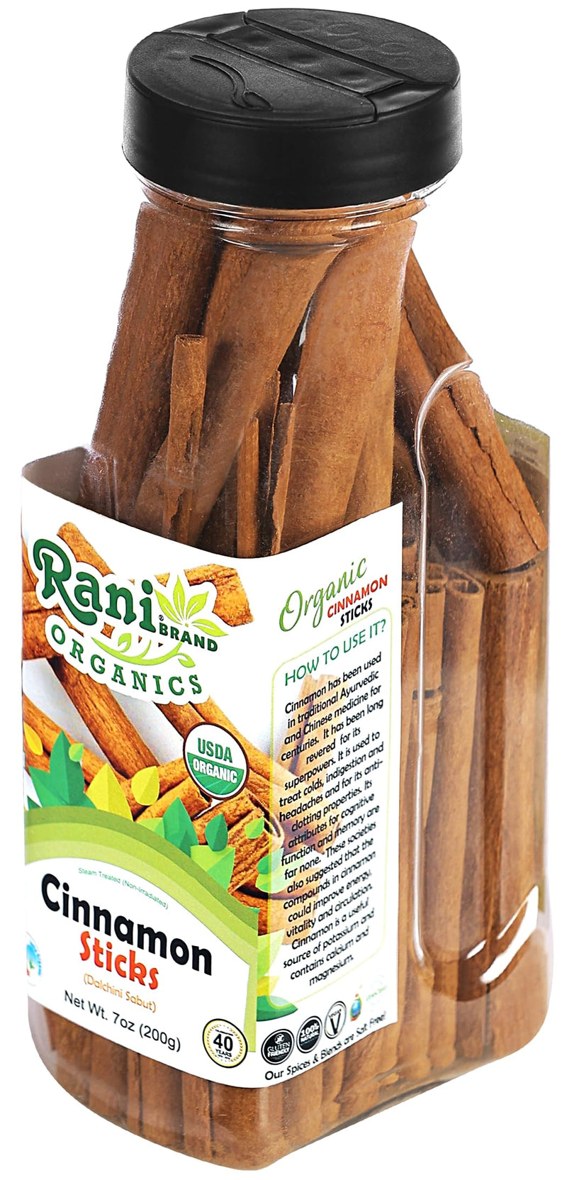 Rani Organic Cinnamon Sticks 7oz (200g) PET Jar - 36-44 Sticks - Strong Aroma, Perfect for Baking, Cooking & Beverages | 3+ Inches Length - Cassia Saigon Cinnamon from Vietnam | Kosher