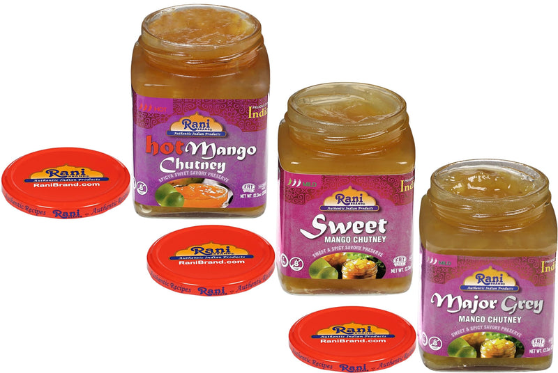 Rani 3-in-1 Mango Chutney (Hot, Sweet, Major Grey Combo Pack) 12.3oz (350g) Glass Jar, Ready to eat, Vegan ~ Gluten Free, All Natural, NON-GMO, Kosher