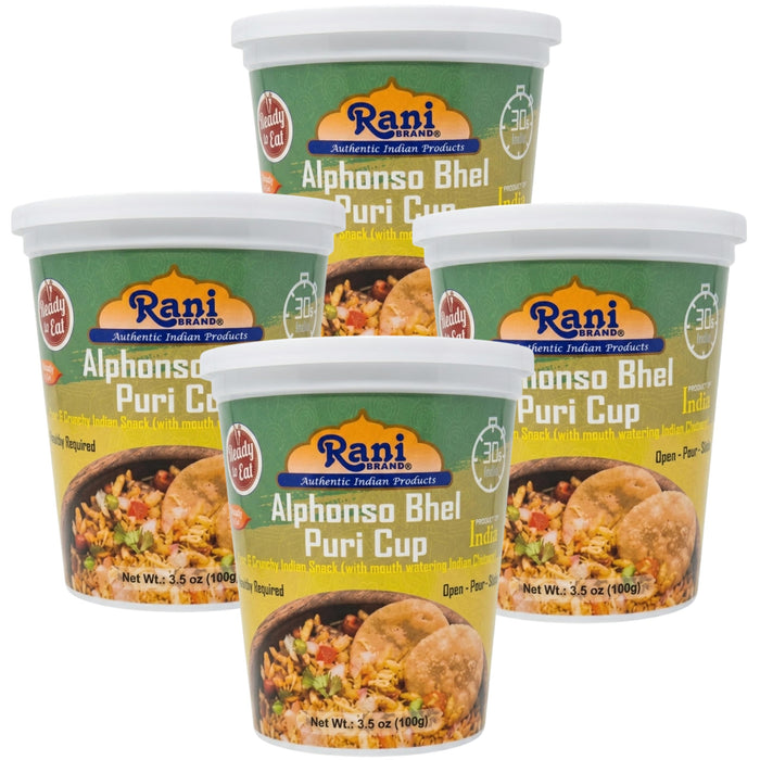 Rani Alphonso Mango Bhel Puri Cup (Spicy & Crunchy Indian Snack w/ mouth watering Indian Chutneys) 3.5oz (100g), Pack of 4 ~ Ready to Eat | Vegan | NON-GMO | Indian Origin