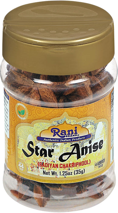 Rani Star Anise Seeds, Whole Pods (Badian Khatai) Spice 1.25oz (35g) PET Jar ~ All Natural | Gluten Friendly | Kosher | Vegan | Whole Chinese Anise Star Sun Dried Spice, Anis Estrella / Illicium Verum, Widely Used for Baking, Drinks, Cooking, and Tea