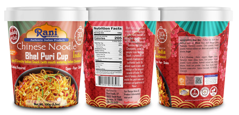 Rani Chinese Noodle Bhel Puri Cup (Spicy & Crunchy Indian Snack w/mouth watering Indian Chutneys) 3.5oz (100g), Pack of 6+1 FREE ~ Ready to Eat | Vegan | NON-GMO | Indian Origin