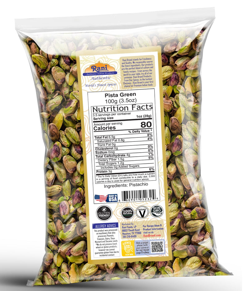 Rani Pista (Pistachio) Green 3.5oz (100g) ~ All Natural | Gluten Friendly | Vegan | NON-GMO | Kosher | No Salt or fillers | Indian Origin