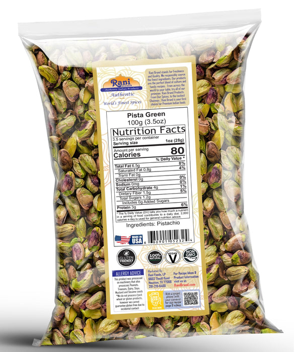 Rani Pista (Pistachio) Green 3.5oz (100g) ~ All Natural | Gluten Friendly | Vegan | NON-GMO | Kosher | No Salt or fillers | Indian Origin