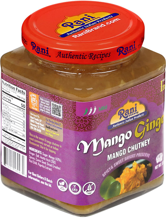 Rani Mango & Ginger Chutney (Indian Preserve) 10.5oz (300g) Glass Jar, Ready to eat, Vegan ~ Gluten Free Ingredients, All Natural, NON-GMO