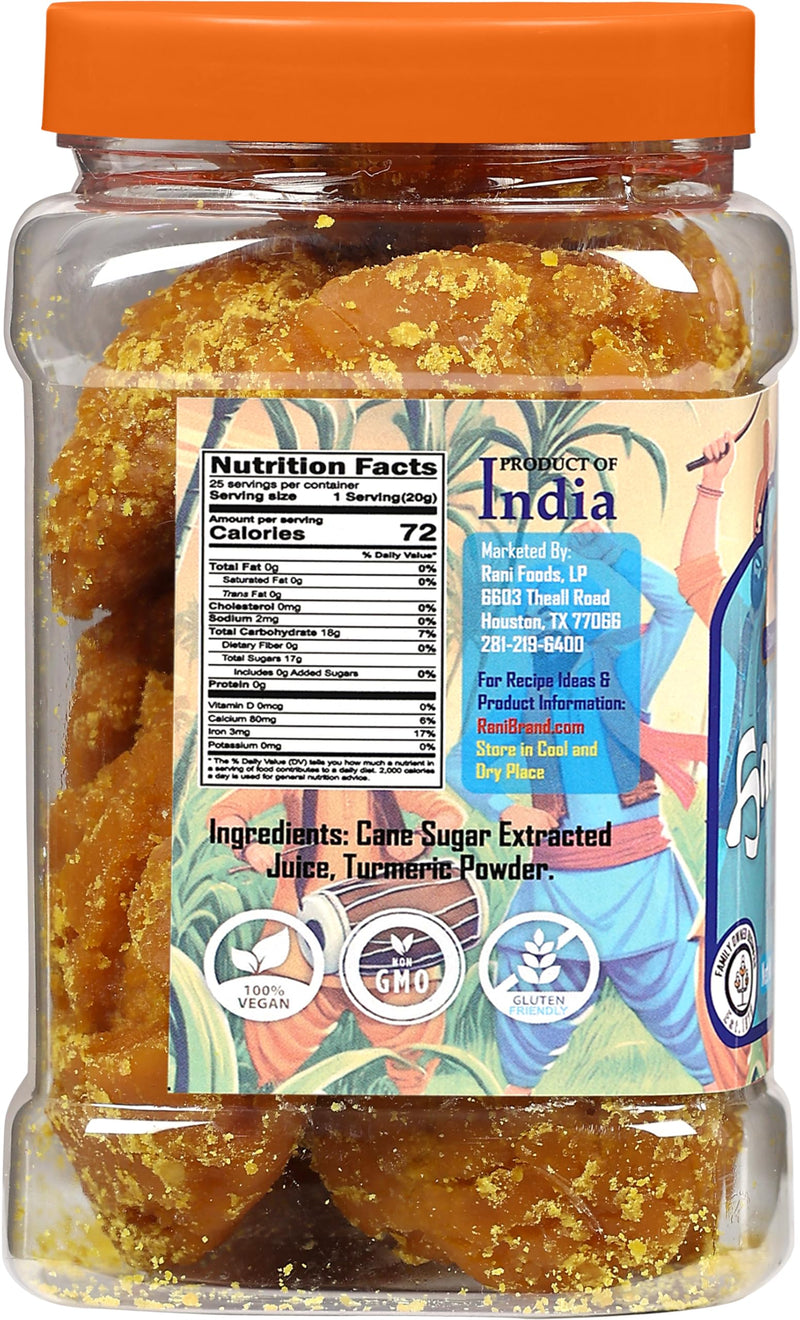 Rani Haldi Gur (Turmeric with Indian Jaggery) Indian Unrefined Raw Cane Sugar 17.5oz (1.1lbs) 500g PET Jar ~ Gluten Friendly | Vegan | NON-GMO | Kosher | No Salt or fillers | Indian Product