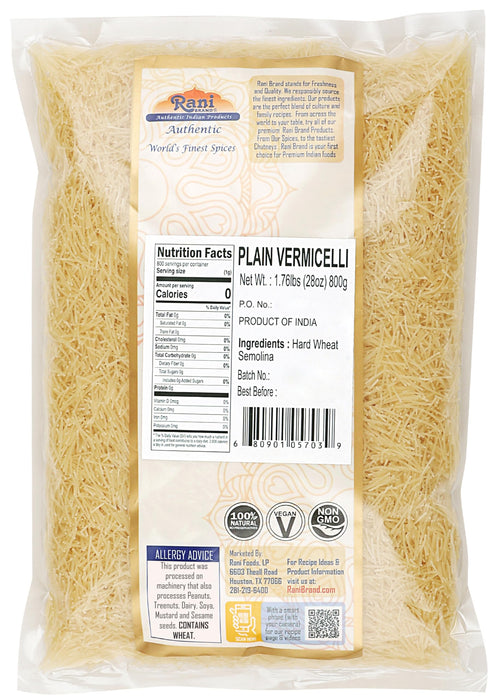 Rani Plain Vermicelli (Wheat Noodles) 28oz (1.75lbs) 800g, Pack of 3 ~ All Natural | Vegan | NON-GMO | Indian Origin