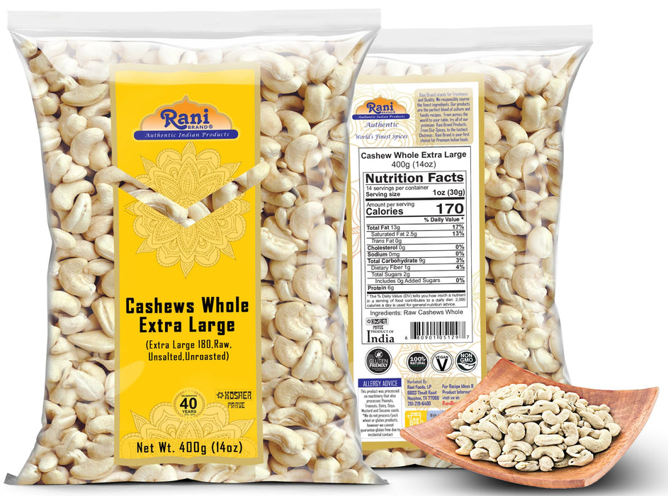 Rani Raw Cashews Whole W180 Extra Large (uncooked, unsalted) 14oz (400g) ~ All Natural, No Preservatives | Vegan | NON-GMO | Kosher | Gluten Friendly