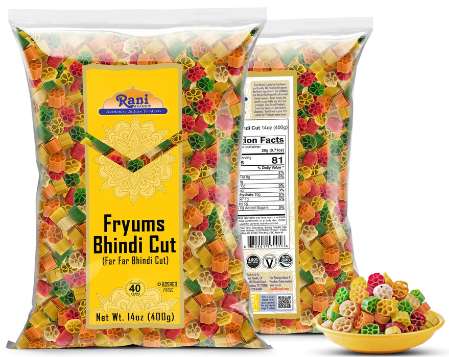 Rani Far Far / Fryums (Wheat & Tapioca Pellet) Bhindi Shape 14oz (400g) ~ Vegan, Kosher, Uncooked, Used to make papad / chip snack
