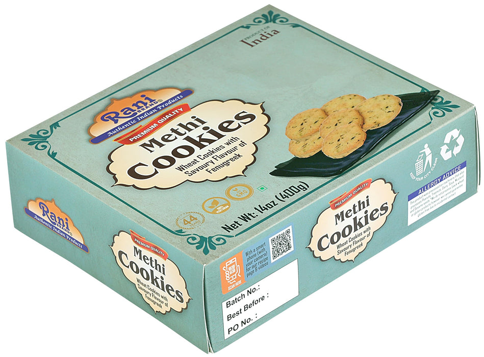 Rani Methi Cookies (Wheat Cookies with Savoury Flavour of Fenugreek) 14oz (400g) Pack of 3+1 FREE, Premium Quality Indian Cookies ~ All Natural | Vegan | Non-GMO | Indian Origin
