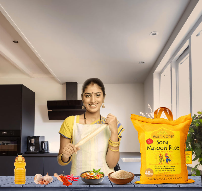 Asian Kitchen White Sona Masoori Aged Rice 40-Pound Bag, 40lbs (18.14kg) Short Grain Rice ~ All Natural | Gluten Friendly | Vegan | Indian Origin | Export Quality