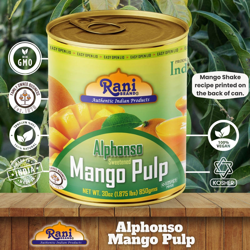 Rani Mango Pulp Puree (Makes Mango Lassi Shakes) Alphonso Sweetened 30oz (1.875lbs) 850g Pack of 6 ~ Kosher | All Natural | NON-GMO | Vegan | No colors | Gluten Friendly | Indian Origin