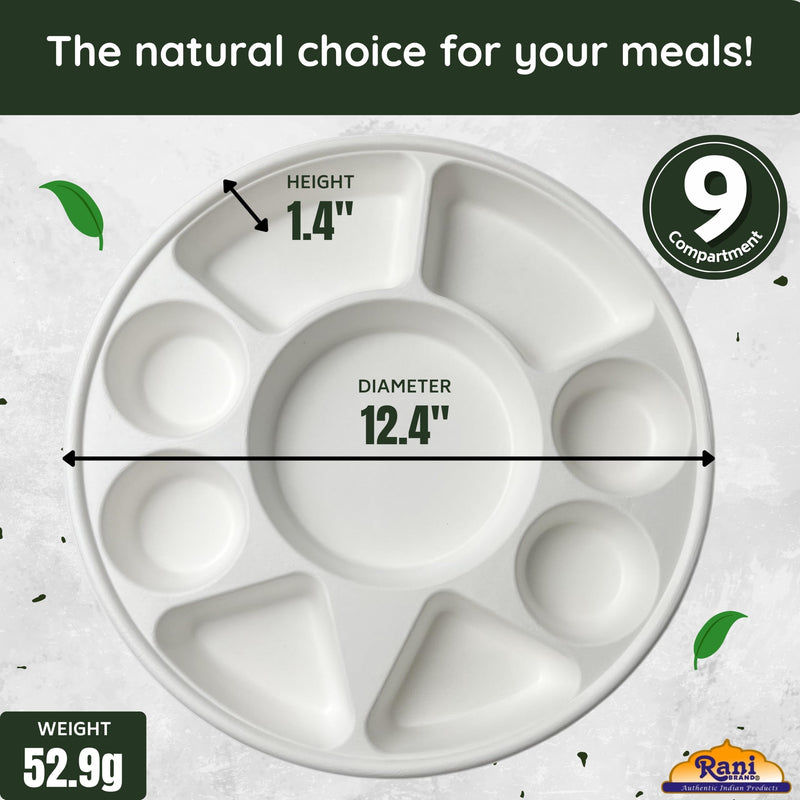 Rani Round Biodegradable Divided Plates, Pack of 200, 9 Compartments ~ Disposable & Eco-Friendly | 12.44" Diameter, 1.38" Thickness | Heavy-Duty and Sturdy Disposable Bagasse Plates | Premium Quality