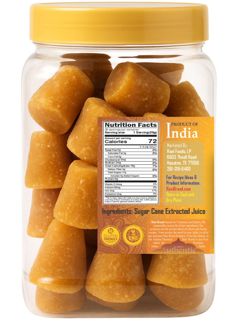 Rani Kolhapuri Jaggery Cubes (Unrefined Cane Sugar) 17.5oz (1.1lbs) 500g PET Jar ~ All Natural, No Color added, Gluten Friendly | Vegan | NON-GMO | Kosher | No Salt or fillers