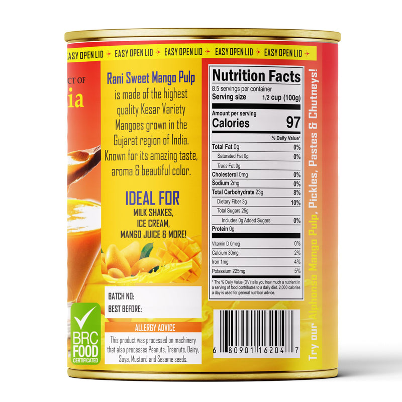 Rani Mango Pulp Puree (Makes Mango Lassi Shakes) Kesar Unsweetened 30oz (1.875lbs) 850g ~ Kosher | All Natural | NON-GMO | Vegan | No colors | Gluten Friendly | Indian Origin