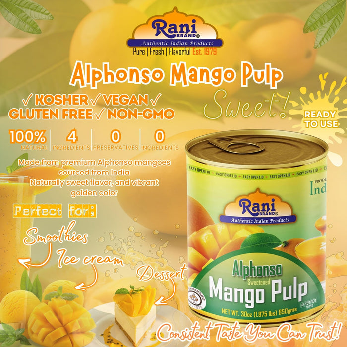 Rani Mango Pulp Puree (Makes Mango Lassi Shakes) Alphonso Sweetened 30oz (1.875lbs) 850g Pack of 6 ~ Kosher | All Natural | NON-GMO | Vegan | No colors | Gluten Friendly | Indian Origin
