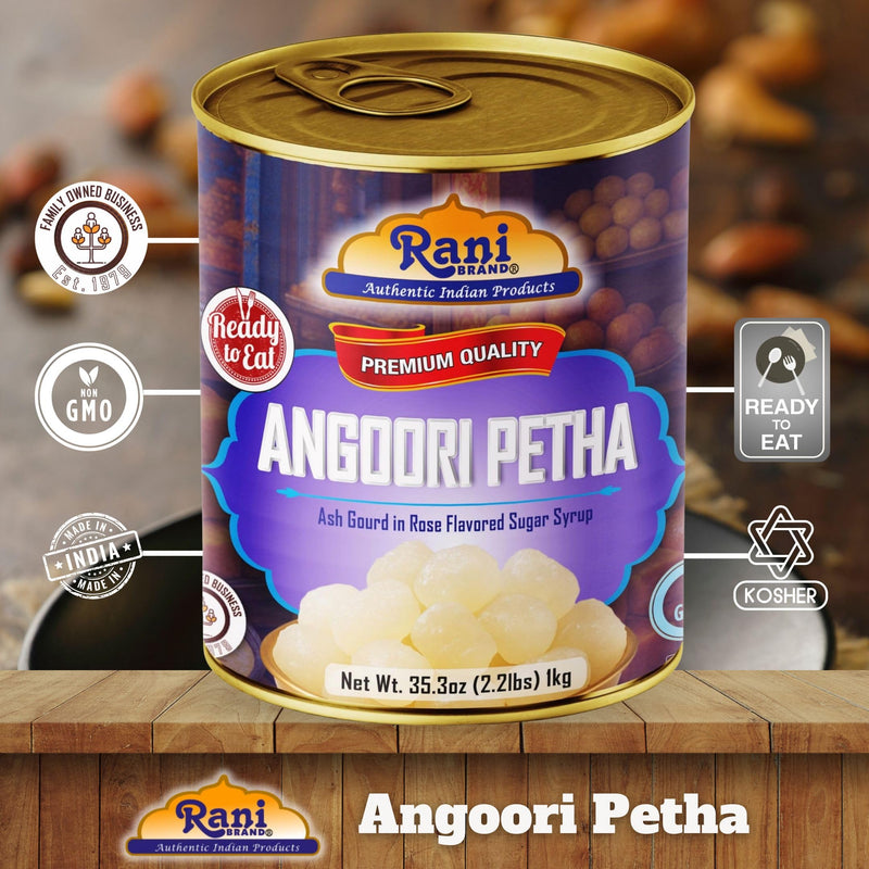 Rani Angoori Petha (Ash Gourd In Rose Flavored Sugar Syrup) 35.3oz (2.2lbs) 1kg, Pack of 2, Approximately 14 pieces, Easy Open Lid ~ Ready to eat | Gluten Free | Non-GMO | Kosher | Indian Origin