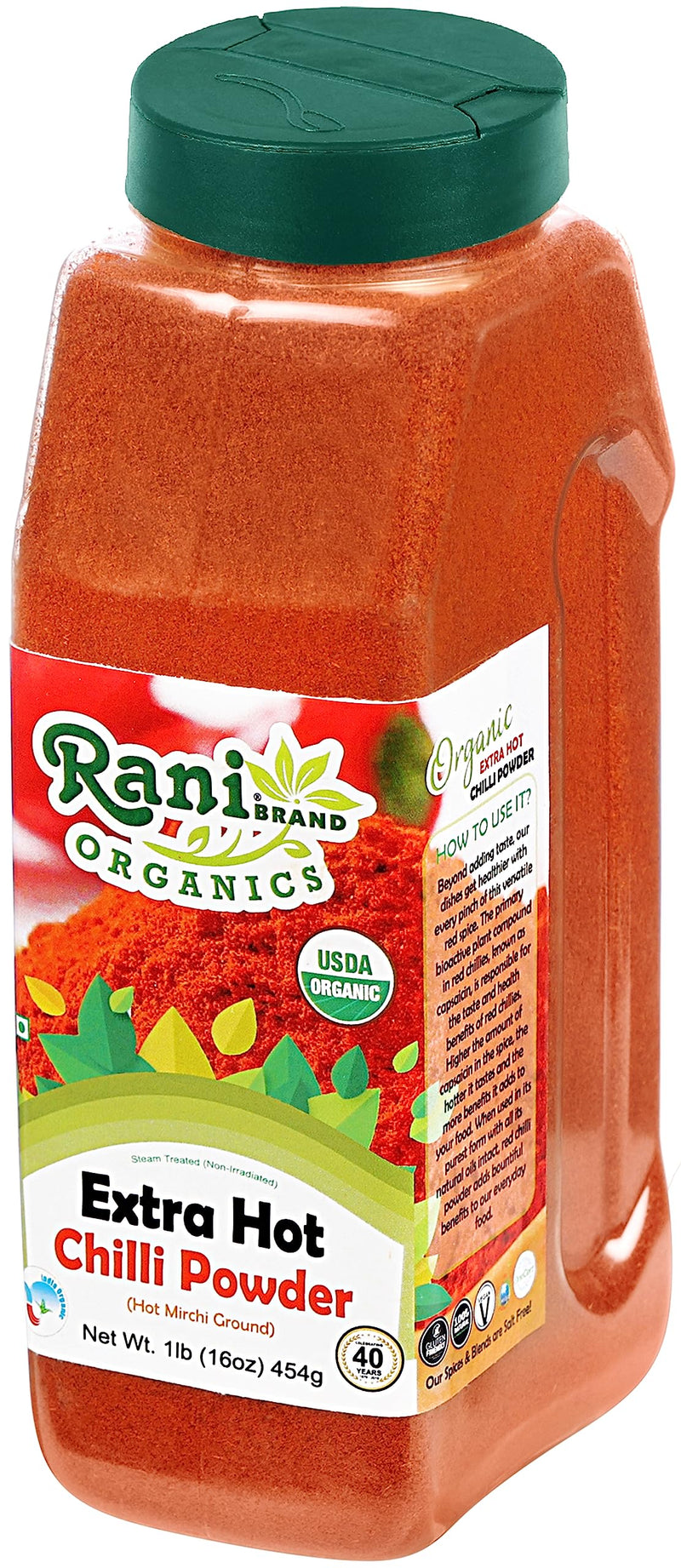 Rani Organic Extra Hot Chilli Powder (Hot Mirchi Ground) 16oz (1lb) 454g PET Jar ~ All Natural | Vegan | Gluten Friendly | NON-GMO | Indian Origin | USDA Certified Organic